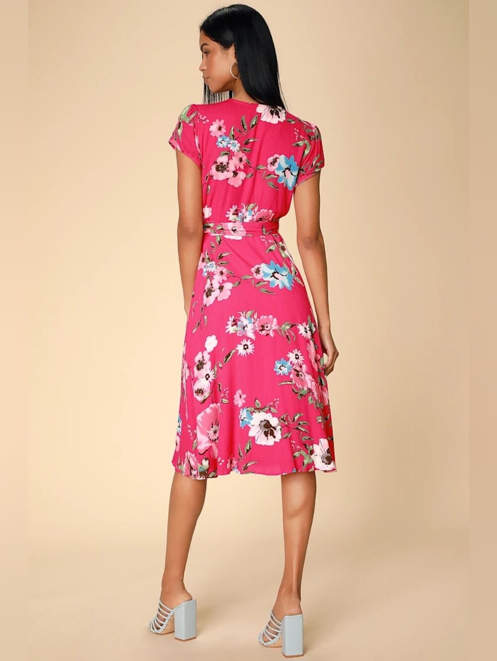 NWOT Lulus Real Life Daydream Hot Pink Floral Print Midi Wrap Dress - Picture 8 of 8